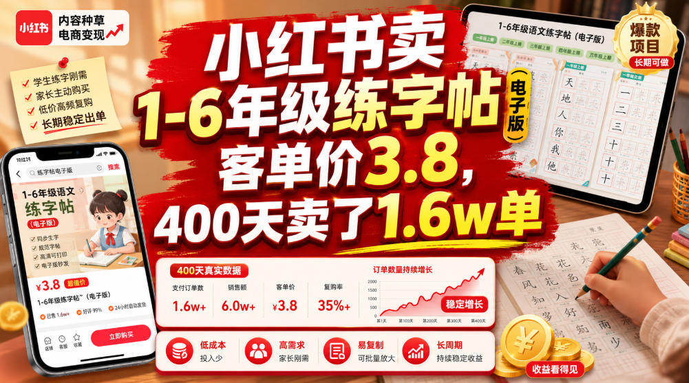 小红书卖1-6年级练字帖(电子版)，客单价3.8，400天卖了1.6w单-青虫资源网