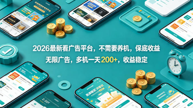 2026最新看广告平台，不需要养机，保底收益，无限广告，多机一天200+，收益稳定【揭秘】-快名资源网