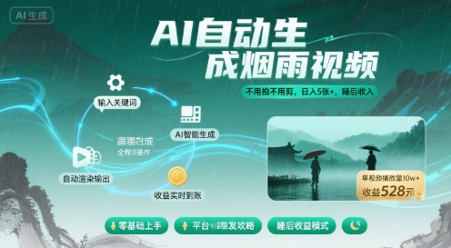 不用拍不用剪！AI自动生成烟雨视频，日入5张+，睡后收入-快名资源网