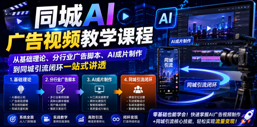 同城AI广告视频教学课程，从基础理论、分行业广告脚本、AI成片制作到同城引流闭环一站式讲透-青虫资源网