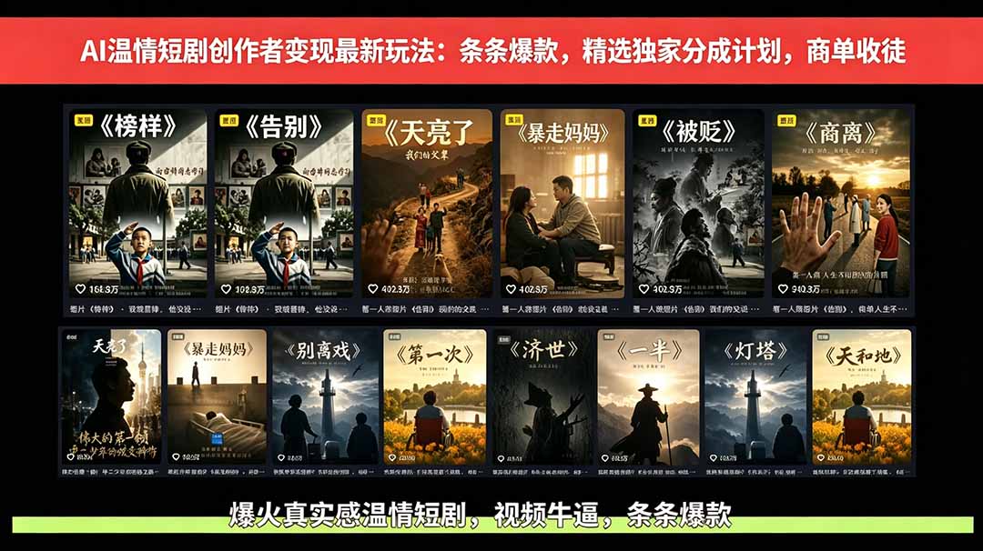 AI温情短剧创作者变现最新玩法：视频牛逼，条条爆款，精选独家分成计划，商单收徒-快名资源网