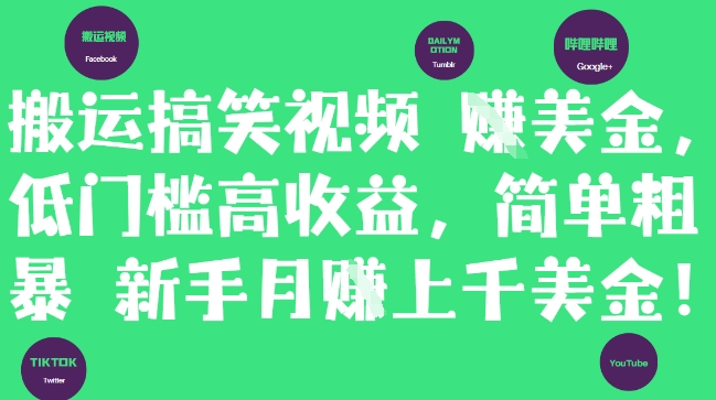 搬运搞笑视频挣美金，低门槛高收益，简单粗暴新手月入上千美刀-快名资源网