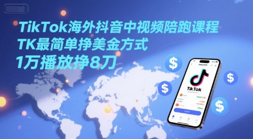 TikTok海外抖音中视频陪跑课程，TK最简单挣美金方式，1万播放挣8刀-快名资源网