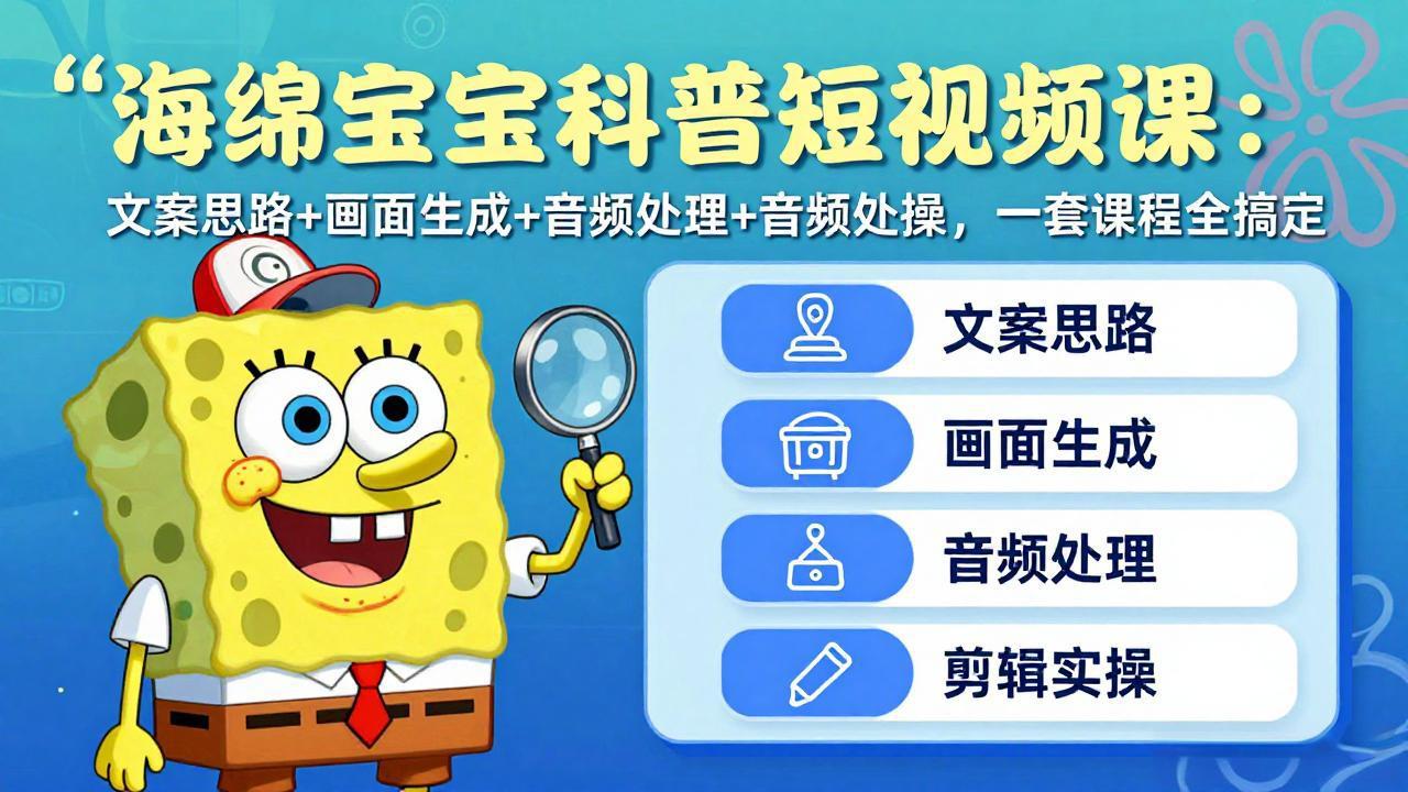 海绵宝宝科普短视频课：文案思路+画面生成+音频处理+剪辑实操，一套课程全搞定-快名资源网