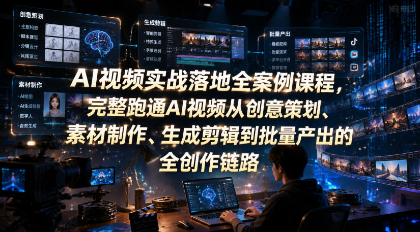 AI视频实战落地全案例课程，完整跑通AI视频从创意策划、素材制作、生成剪辑到批量产出的全创作链路-青虫资源网