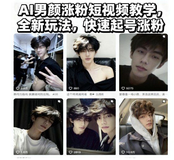 AI男颜涨粉短视频教学，全新玩法，快速起号涨粉-快名资源网