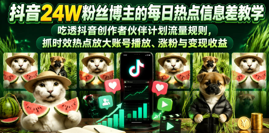 抖音24W粉丝博主的每日热点信息差教学，吃透创作者伙伴计划流量规则，抓时效热点放大账号播放、涨粉与变现收益(更新)-快名资源网