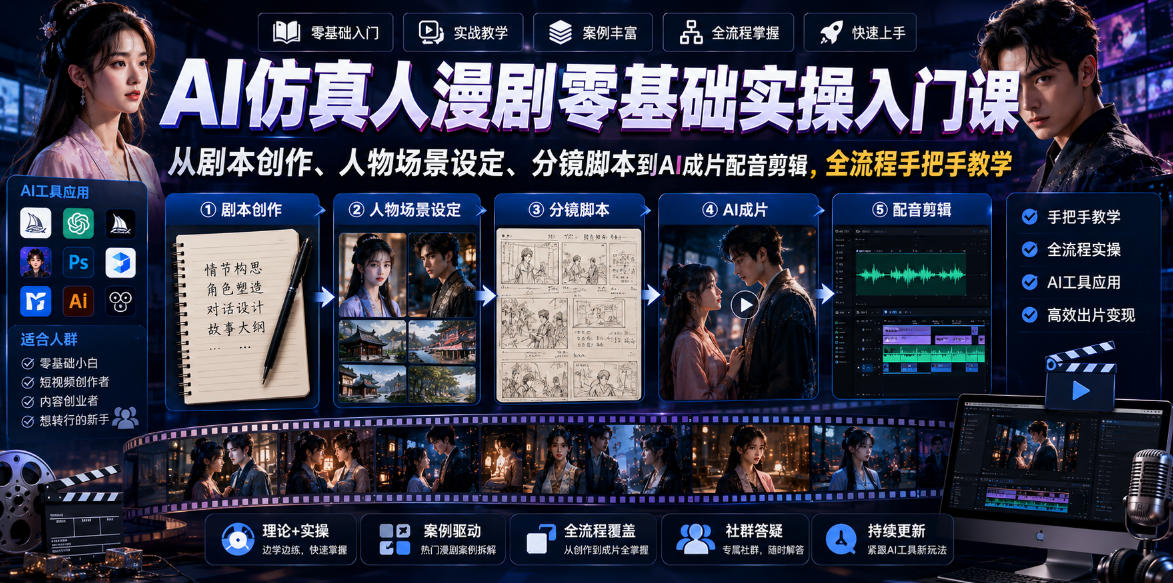 AI仿真人漫剧零基础实操入门课，从剧本创作、人物场景设定、分镜脚本到AI成片配音剪辑，全流程手把手教学-快名资源网
