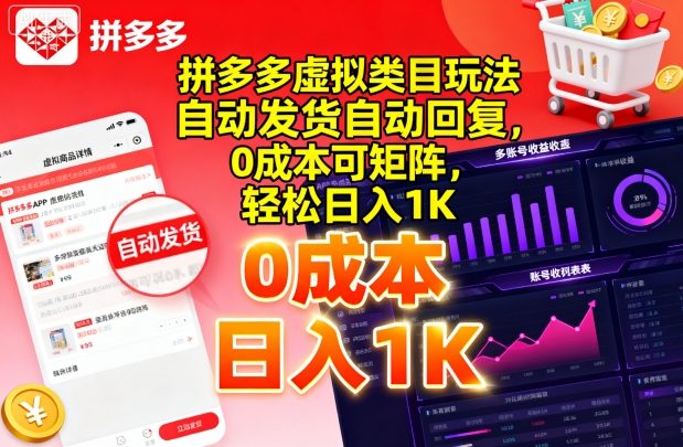 拼多多虚拟类目玩法，自动发货自动回复，0成本可矩阵，轻松日入1K【揭秘】-快名资源网