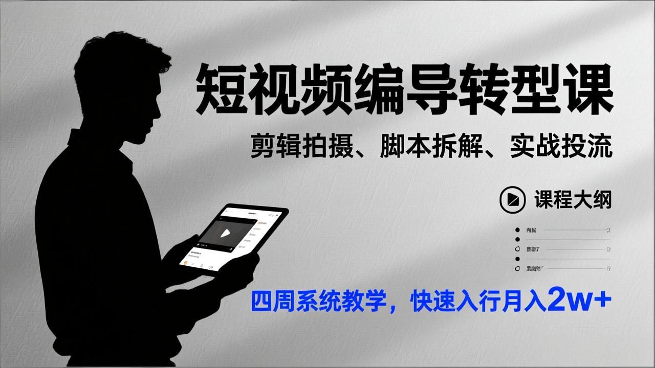 短视频编导转型课，剪辑拍摄、脚本拆解、实战投流，四周系统教学，快速入行月入2w+-快名资源网