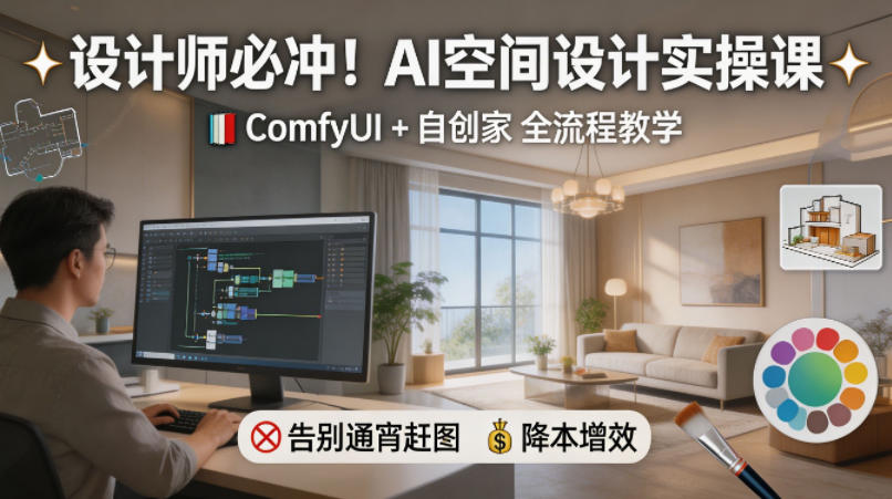 设计师必冲！AI空间设计实操课，ComfyUI+自创家全教学，告别通宵赶图，降本增效-快名资源网