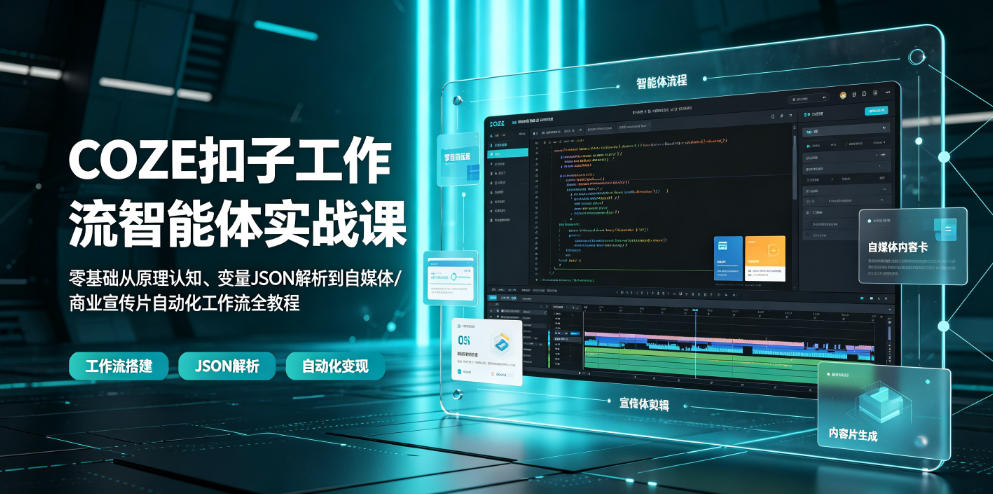 COZE扣子工作流智能体实战课｜零基础从原理认知、变量JSON解析到自媒体/商业宣传片自动化工作流全教程-青虫资源网