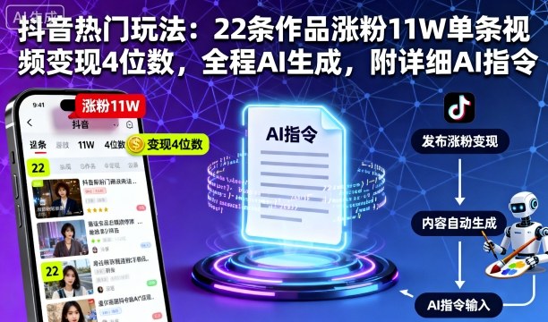 抖音热门玩法：22条作品涨粉11W单条视频变现4位数，全程AI生成，附详细AI指令-青虫资源网
