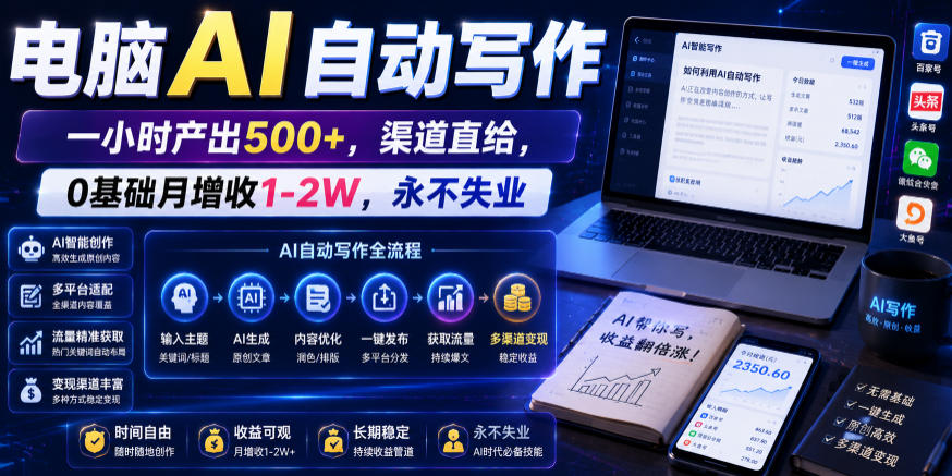 电脑AI自动写作，一小时产出500+，渠道直给，0基础月增收1-2W，永不失业【揭秘】-快名资源网
