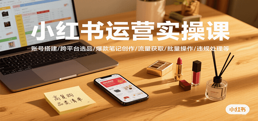 小红书运营实操课，账号搭建/跨平台选品/爆款笔记创作/流量获取/批量操作/违规处理等-快名资源网