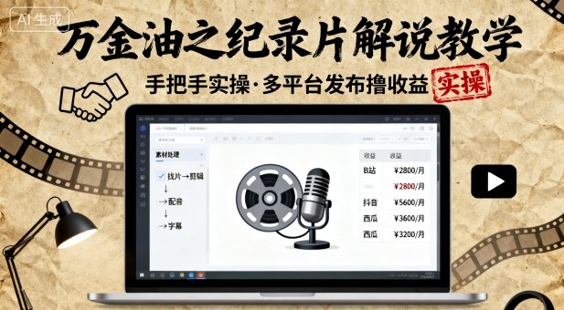 万金油之纪录片解说教学，手把手教你，完全实操，多平台发布撸收益-快名资源网
