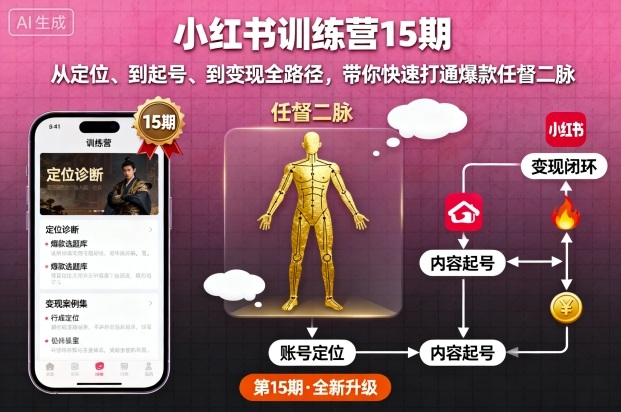 小红书训练营15期，从定位、到起号、到变现全路径，带你快速打通爆款任督二脉-快名资源网