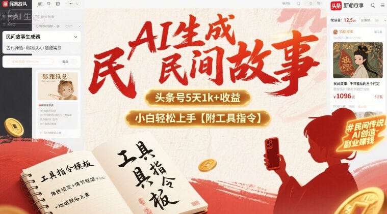 AI生成民间故事，头条号5天1k+，小白轻松上手【附工具指令】-快名资源网