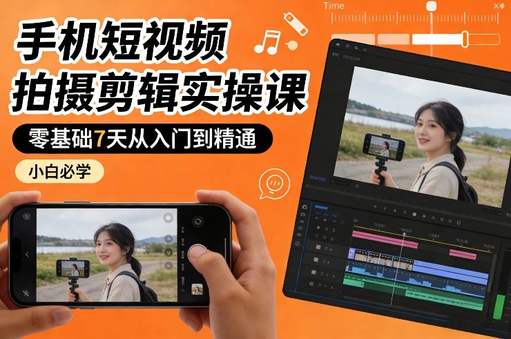手机短视频拍摄剪辑实操课，零基础7天从入门到精通，小白必学-快名资源网