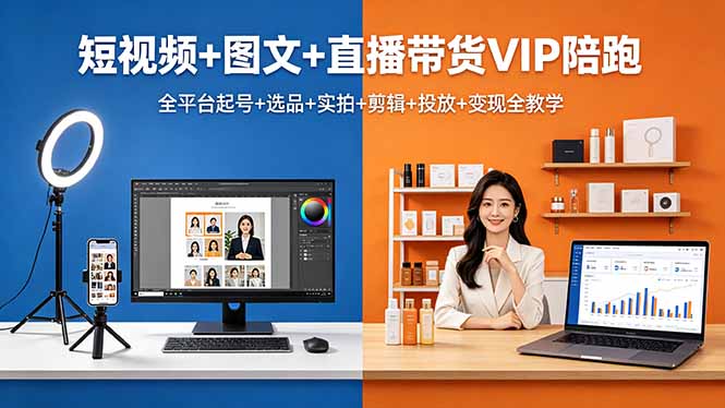 短视频+图文+直播带货VIP陪跑，全平台起号+选品+实拍+剪辑+投放+变现全教学-快名资源网