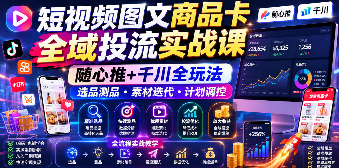 短视频图文商品卡全域投流实战课，随心推+千川全玩法，选品测品・素材迭代・计划调控，提升ROI爆单增收教程-快名资源网