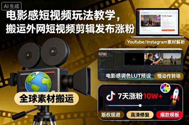 电影感短视频玩法教学，搬运外网短视频剪辑发布涨粉-快名资源网