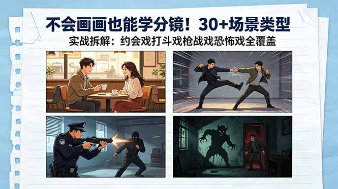 不会画画也能学分镜！30+场景类型实战拆解：约会戏打斗戏枪战戏恐怖戏全覆盖-青虫资源网