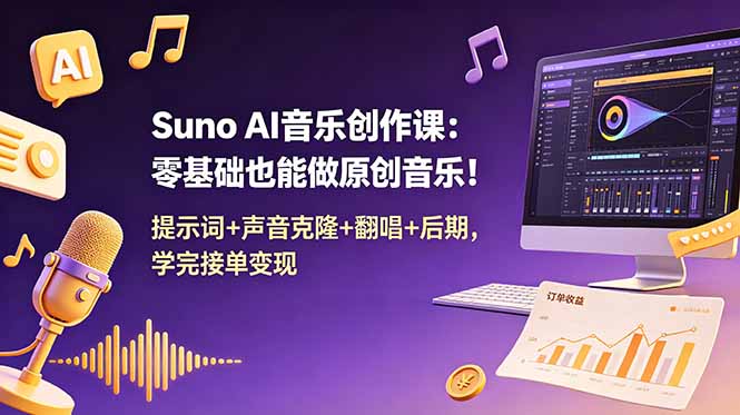 Suno AI音乐创作课：零基础也能做原创音乐！提示词+声音克隆+翻唱+后期，学完接单变现-快名资源网