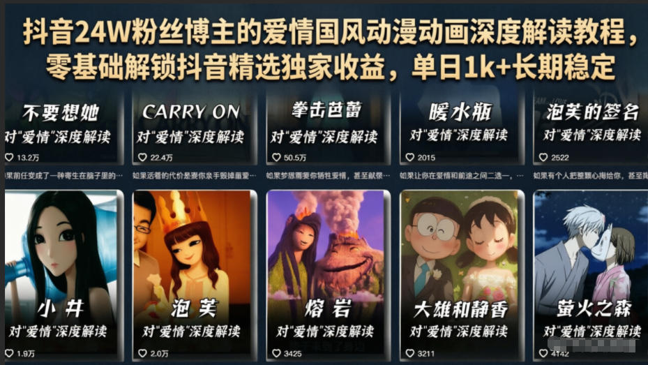 抖音24W粉丝博主的爱情国风动漫动画深度解读教程，零基础解锁抖音精选独家收益，单日1k+长期稳定-快名资源网