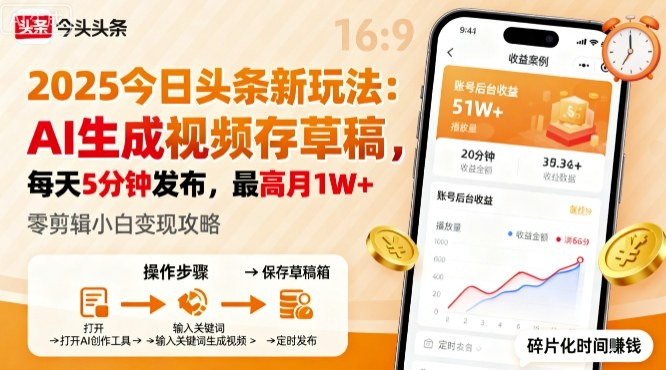 2025年今日头条躺賺新玩法，AI生成视频存草稿，每天5分钟发布，最高月1W+【揭秘】-快名资源网
