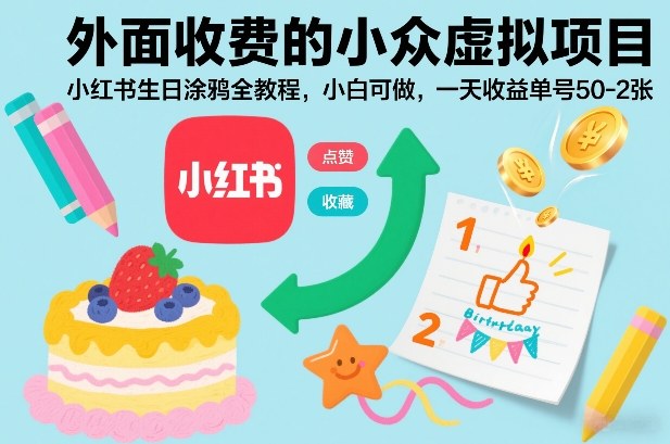 外面收费的小众虚拟项目，小红书生日涂鸦全教程，小白可做，一天收益单号50-2张-快名资源网