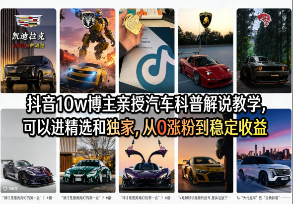 抖音10w博主亲授汽车科普解说教学，可以进精选和独家，从0涨粉到稳定收益(详细视频课程+1T素材)-快名资源网
