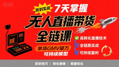 无人直播带货全链防封实战课，7天掌握高转化直播技术，实现单场GMV破万可持续模型-快名资源网