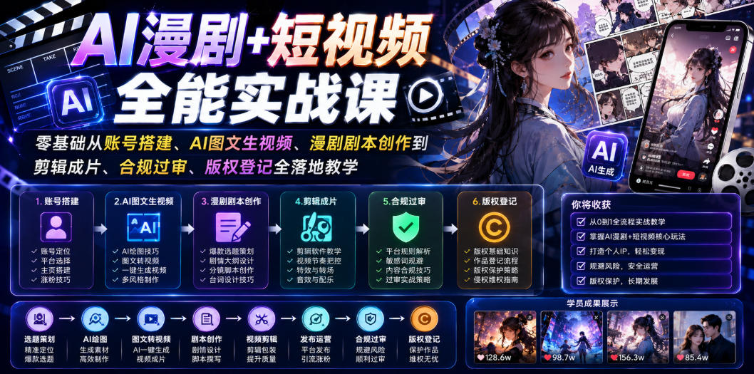 AI漫剧+短视频全能实战课｜零基础从账号搭建、AI图文生视频、漫剧剧本创作到剪辑成片、合规过审、版权登记全落地教学-青虫资源网