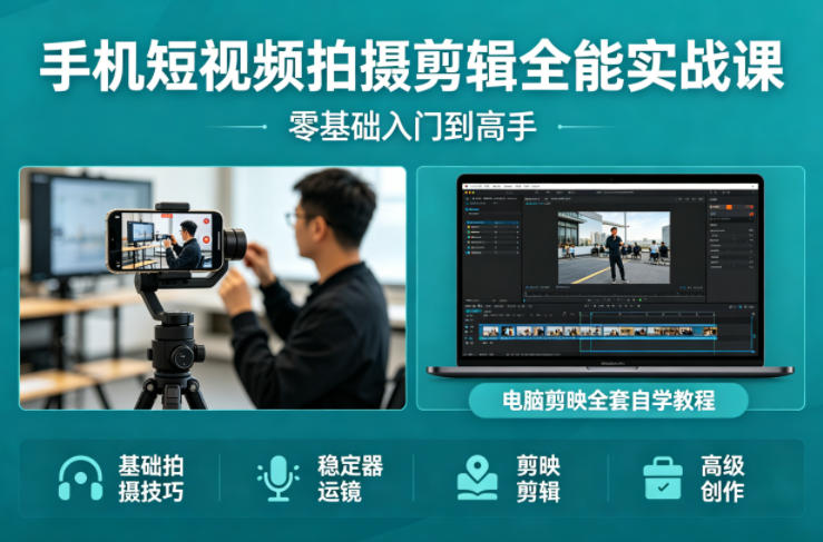 手机短视频拍摄剪辑全能实战课：零基础入门到高手，稳定器运镜+电脑剪映全套自学教程-快名资源网