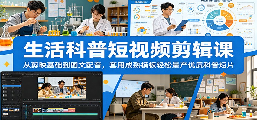 生活科普短视频剪辑课：从剪映基础到图文配音，套用成熟模板轻松量产优质科普短片-快名资源网