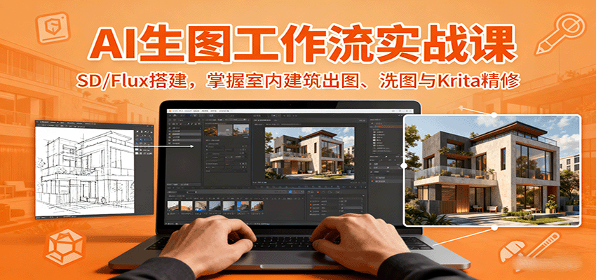 AI生图工作流实战课：SD/Flux搭建，掌握室内建筑出图、洗图与Krita精修-青虫资源网