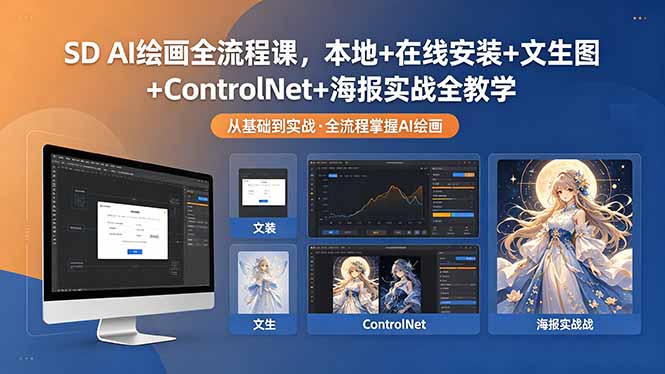 SD AI绘画全流程课，本地+在线安装+文生图+ControlNet+海报实战全教学-快名资源网