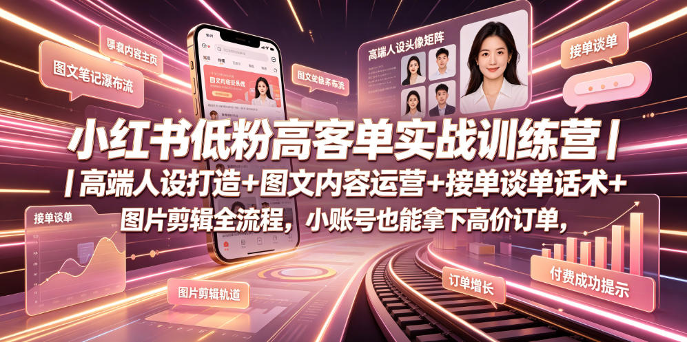 小红书低粉高客单实战训练营｜高端人设打造+图文内容运营+接单谈单话术+图片剪辑全流程，小账号也能拿下高价订单-青虫资源网