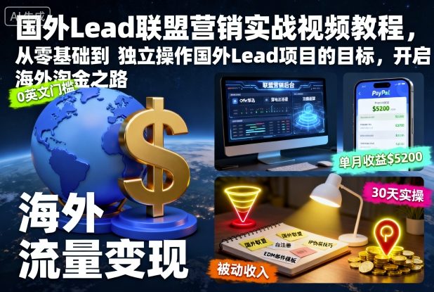 国外Lead联盟营销实战视频教程，从零基础到独立操作国外Lead项目的目标，开启海外淘金之路-快名资源网