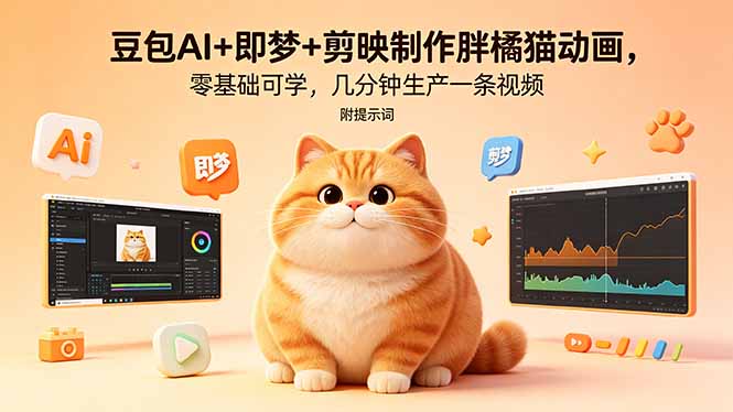 豆包AI+即梦+剪映制作胖橘猫动画，零基础可学，几分钟生产一条视频，附提示词-青虫资源网