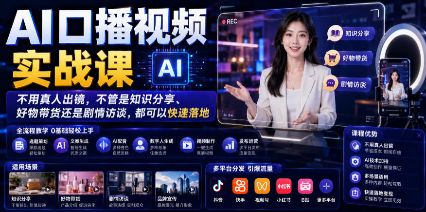 AI口播视频实战课，不用真人出镜，不管是知识分享、好物带货还是剧情访谈，都可以快速落地-青虫资源网