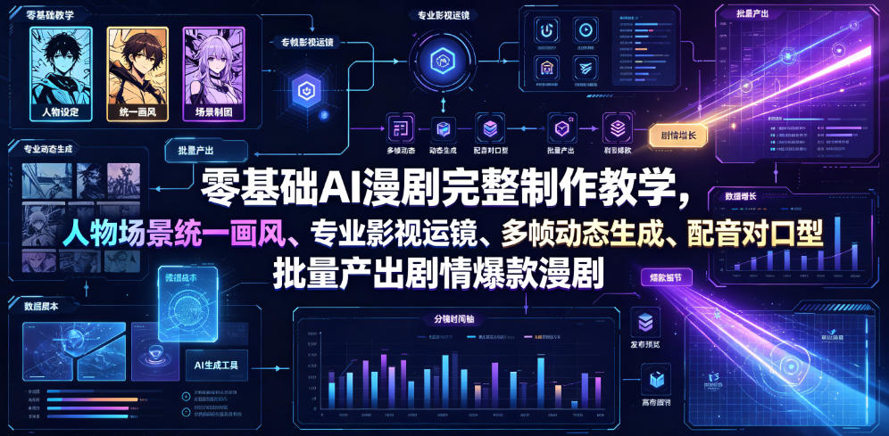 零基础AI漫剧完整制作教学，人物场景统一画风、专业影视运镜、多帧动态生成、配音对口型，批量产出剧情爆款漫剧-青虫资源网
