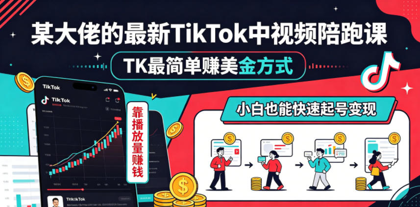 某大佬的最新TikTok中视频陪跑课，TK最简单賺美金方式，靠播放量賺钱，小白也能快速起号变现-快名资源网