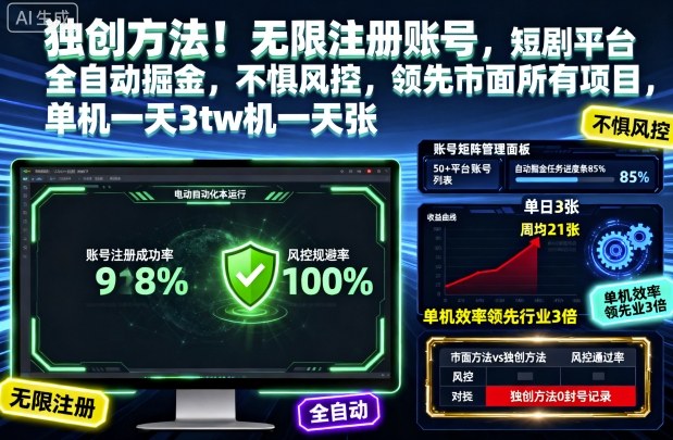 独创方法！无限注册账号，短剧平台全自动掘金，不惧风控，领先市面所有项目，单机一天3张【揭秘】-快名资源网