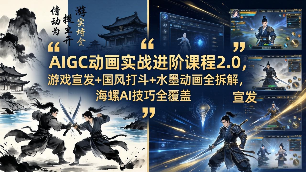 AIGC动画实战进阶课程2.0，游戏宣发+国风打斗+水墨动画全拆解，海螺AI技巧全覆盖-青虫资源网