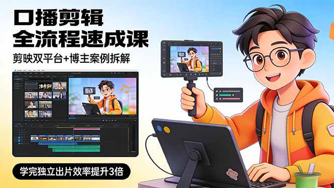 口播剪辑全流程速成课，剪映双平台+博主案例拆解，学完独立出片效率提升3倍-快名资源网