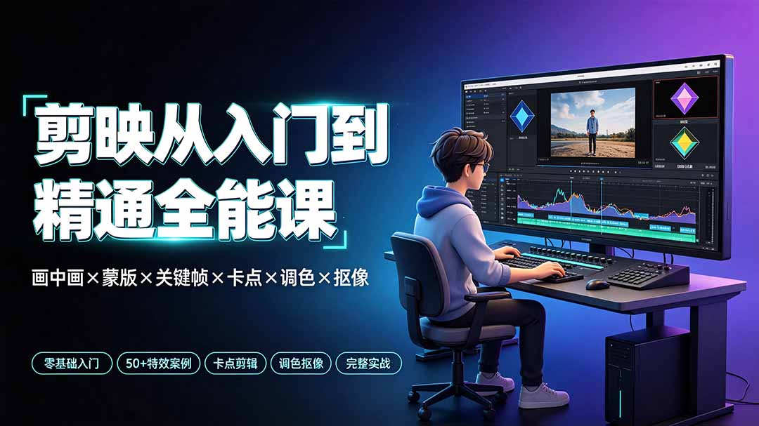 剪映从入门到精通全能课：画中画×蒙版×关键帧×卡点×调色×抠像，一站式掌握剪辑核心技能-青虫资源网