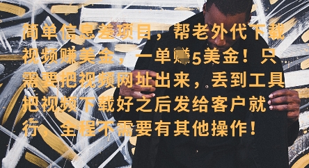 零门槛挣美金，海外视频代下服务，单笔收益40+，小白也能轻松上手-快名资源网