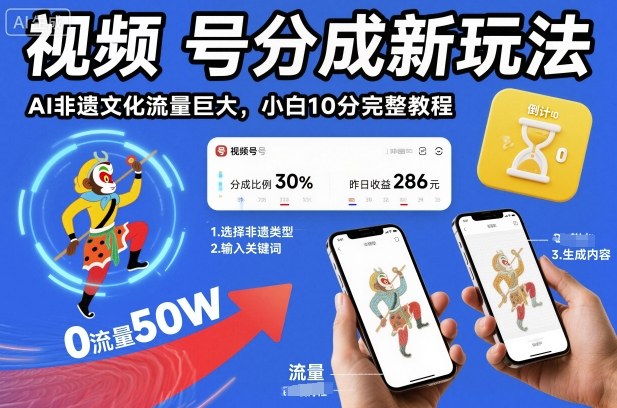 视频号分成新玩法，AI非遗文化流量巨大，小白10分钟搞定，完整教程-快名资源网